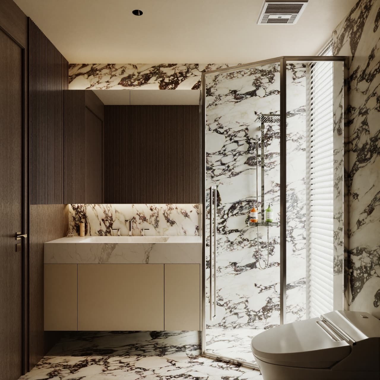 Baño revestido en mármol con ducha vidriada — Tucumán 319