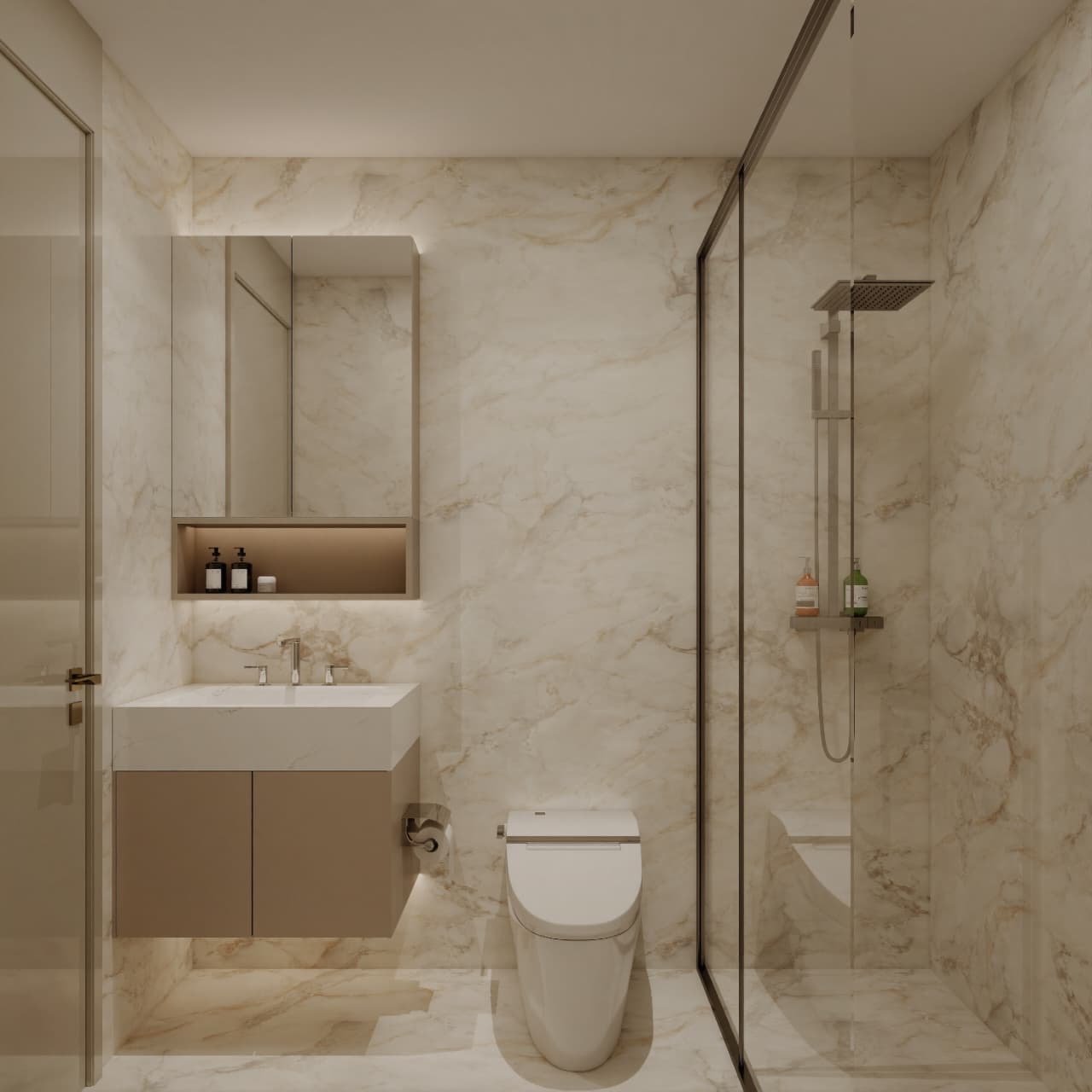 Baño revestido en mármol crema con vanitory suspendido, nicho iluminado y ducha vidriada — Tucumán 319