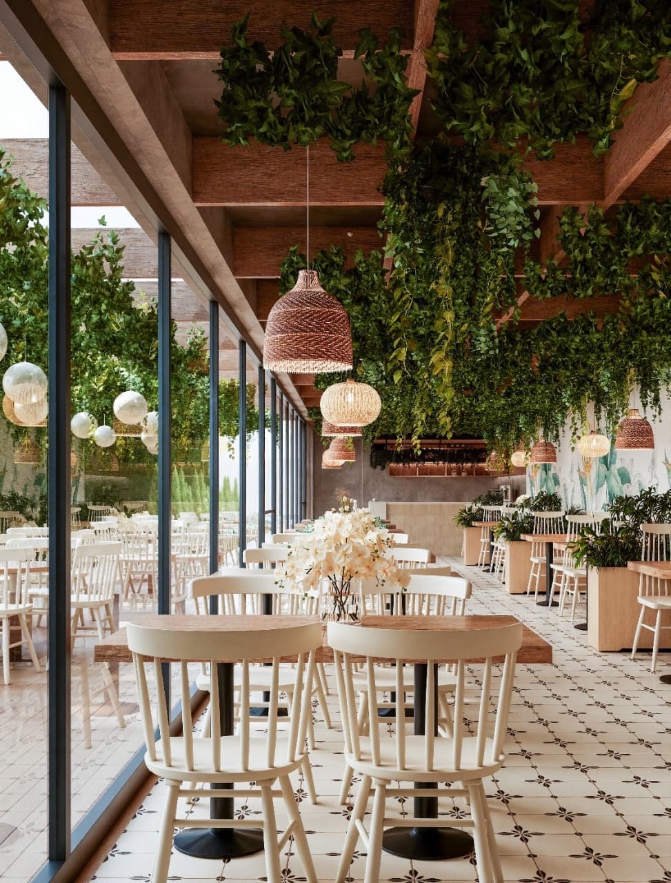 Bar interior con ventanal al exterior, lámparas de fibra natural y verde suspendido — Tucumán 319