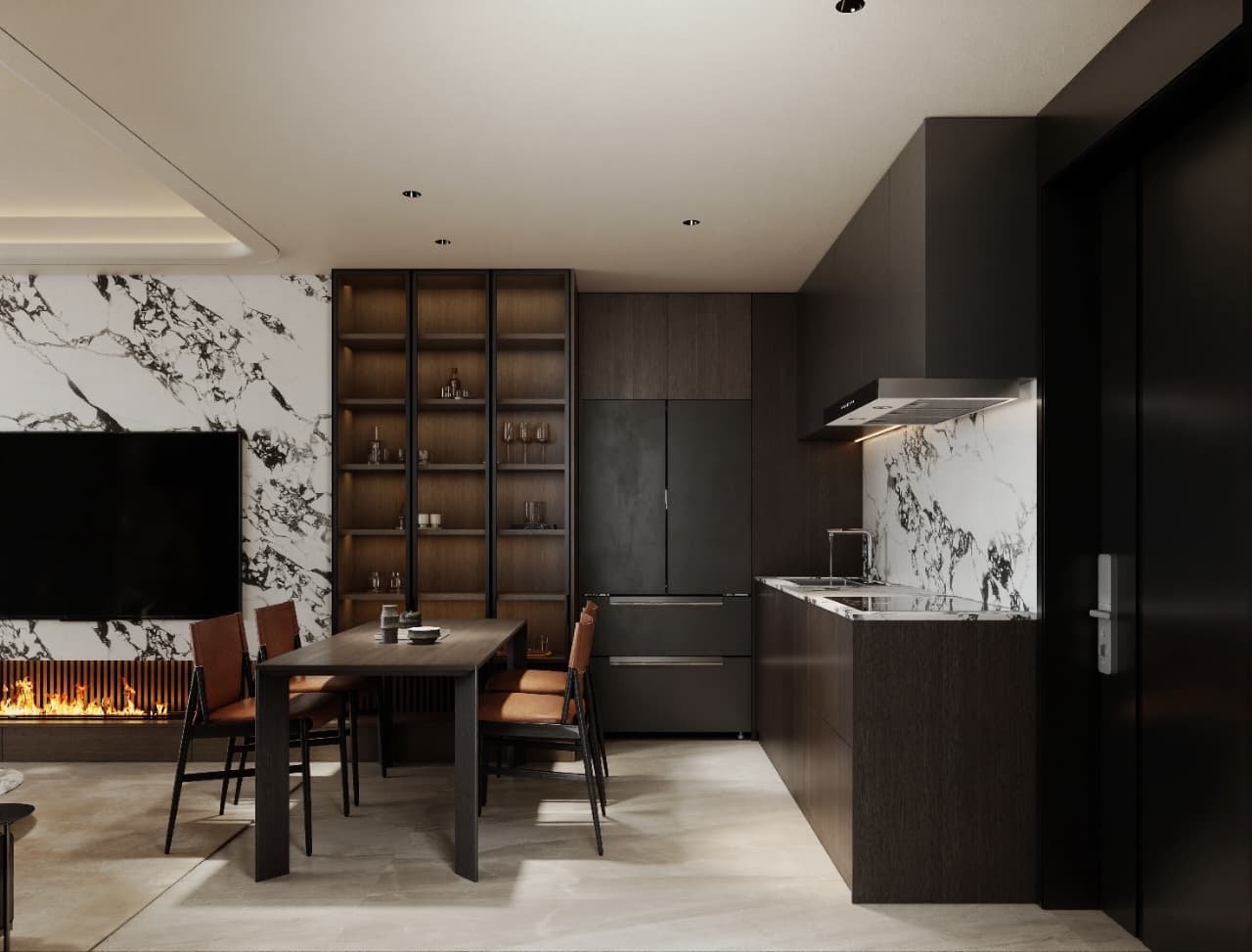 Cocina en madera oscura con comedor y frente de mármol — Tucumán 319