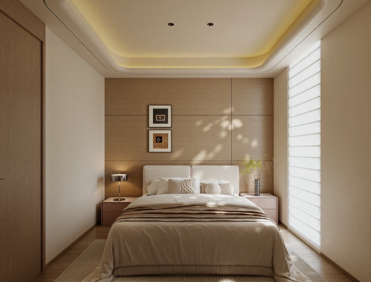 Dormitorio con cabecera revestida en madera y luz natural filtrada — Tucumán 319