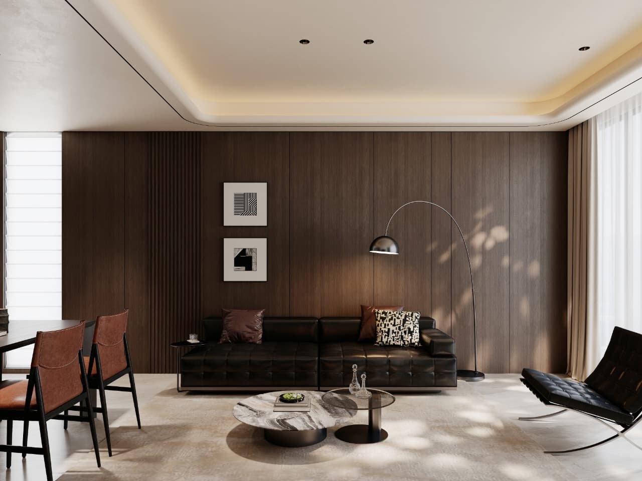 Estar con panelado de madera oscura, sofá de cuero negro y comedor integrado — Tucumán 319