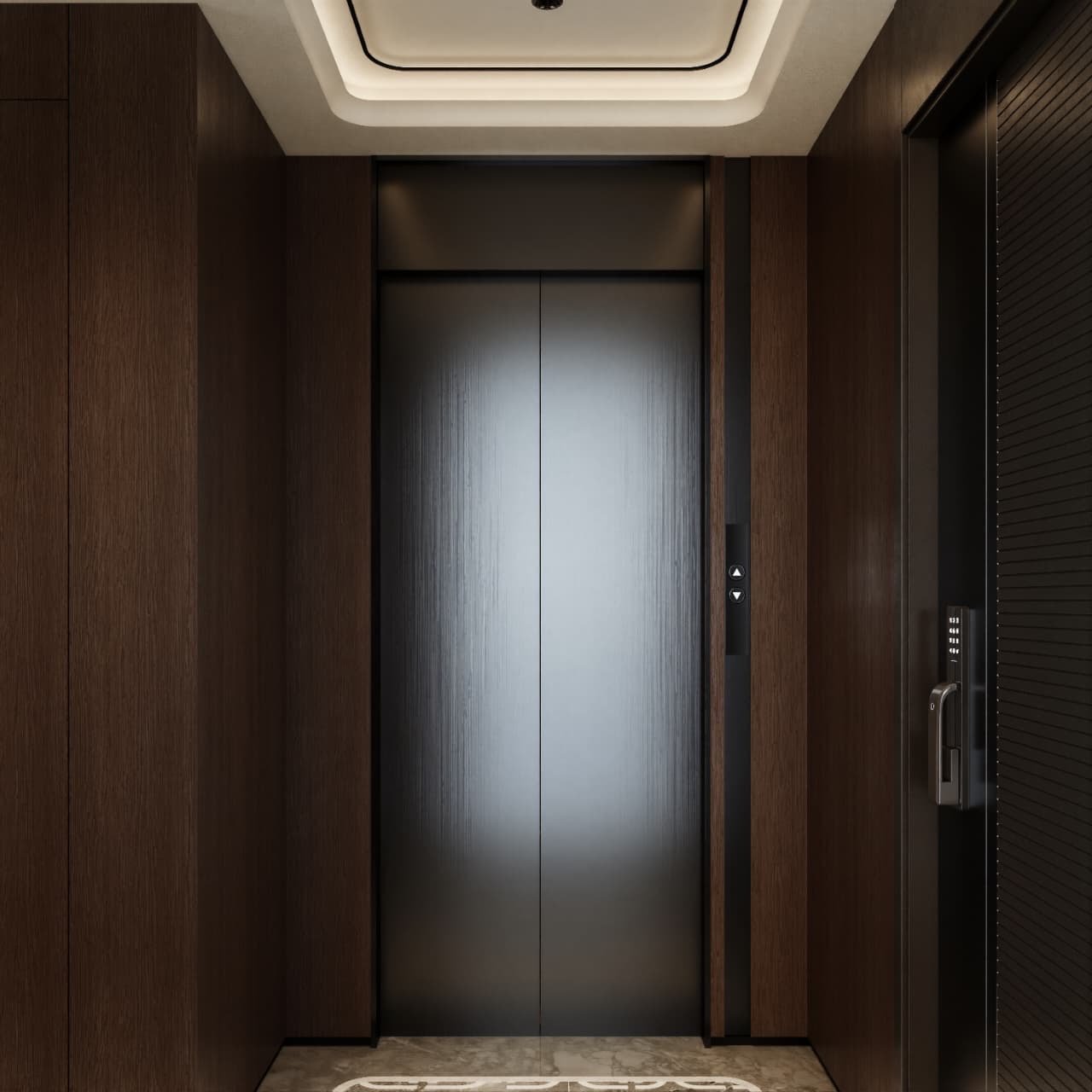 Hall de ascensores con panelado de madera oscura y cielorraso con luz perimetral — Tucumán 319